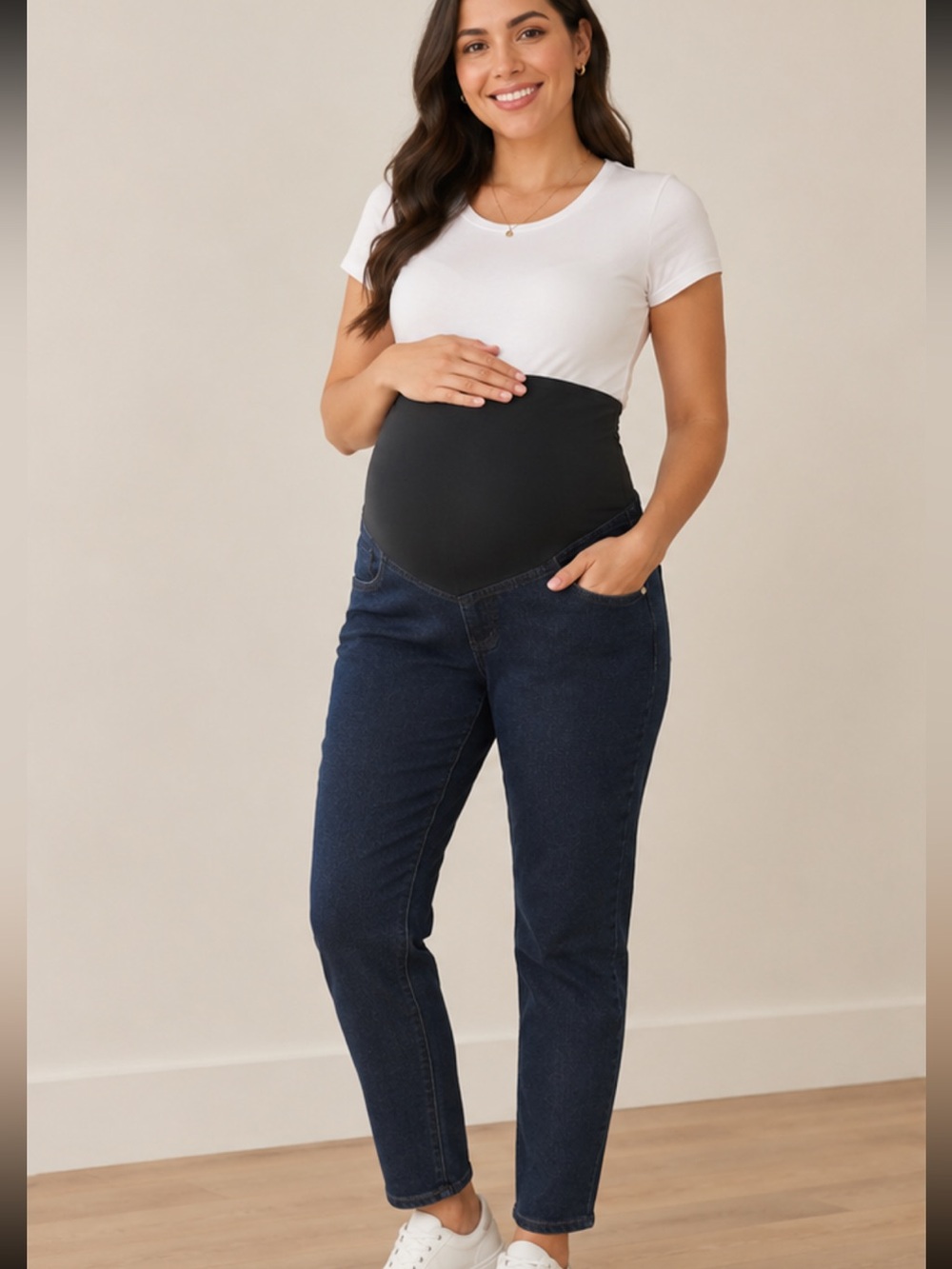 Maternity Dark Wash Stretch Jeans with Black Overband